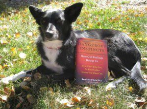 champion of my heart, best dog blog, dangerous instincts book with border collie holding it up