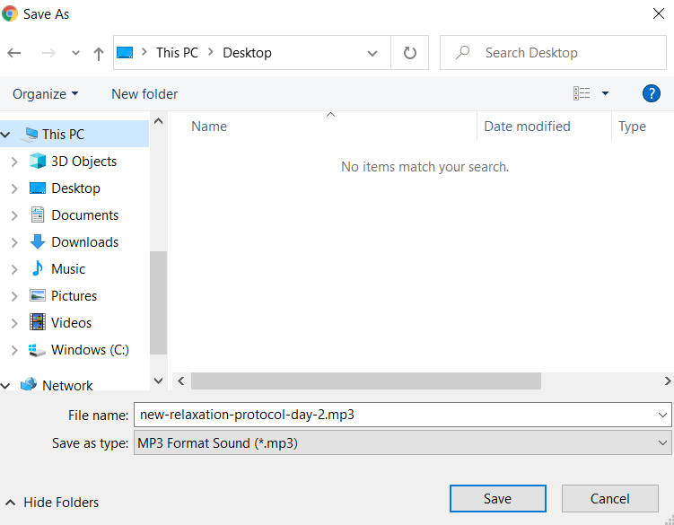 second pop-up menu that appears when downloading relaxation protocol audio files