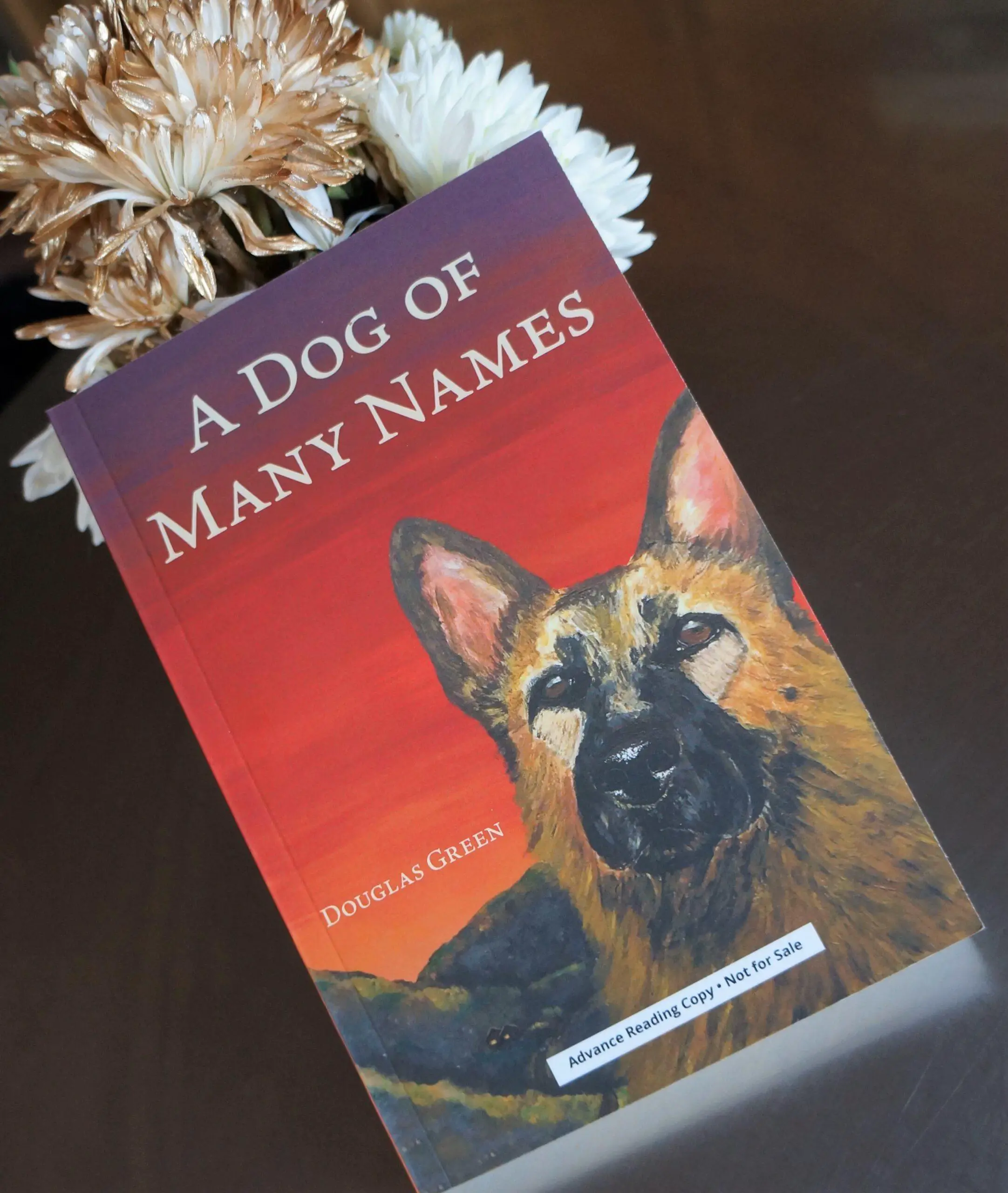 A dog of many names book review - shows book propped up in front of white and metalic sprayed flowers, Book cover is mostly red with a german shepherd like dog in the lower righthand corner and some mountains