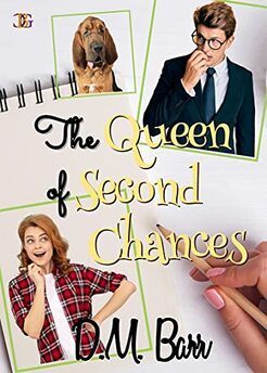 queen of second chances book cover for online book review - looks like a top spiral notebook, with inset images of a hand writing in the lower right corner, and a hound dog, a man in a suit, and a spunky looking young woman with red hair also inset