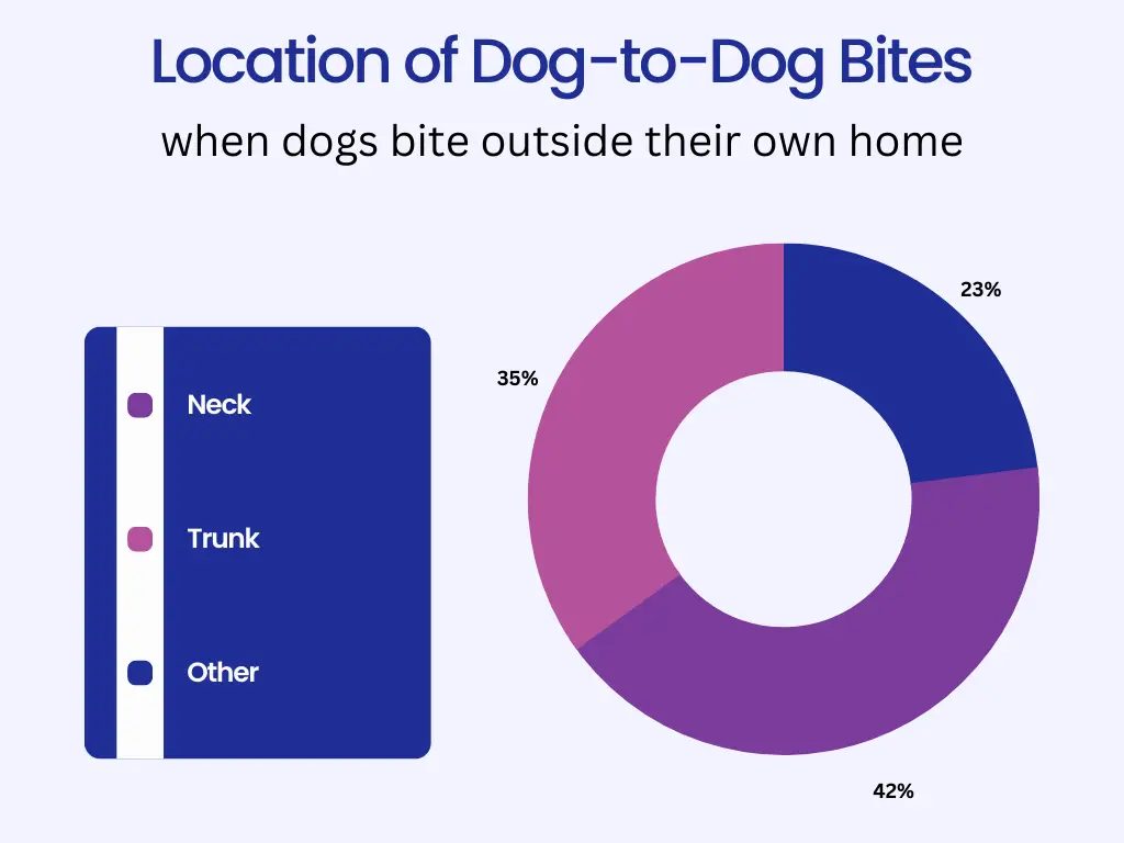 dogs that bite other dog stats about the most common location of the bite on the victim dog -- 42% neck, 35% trunk, 23% other