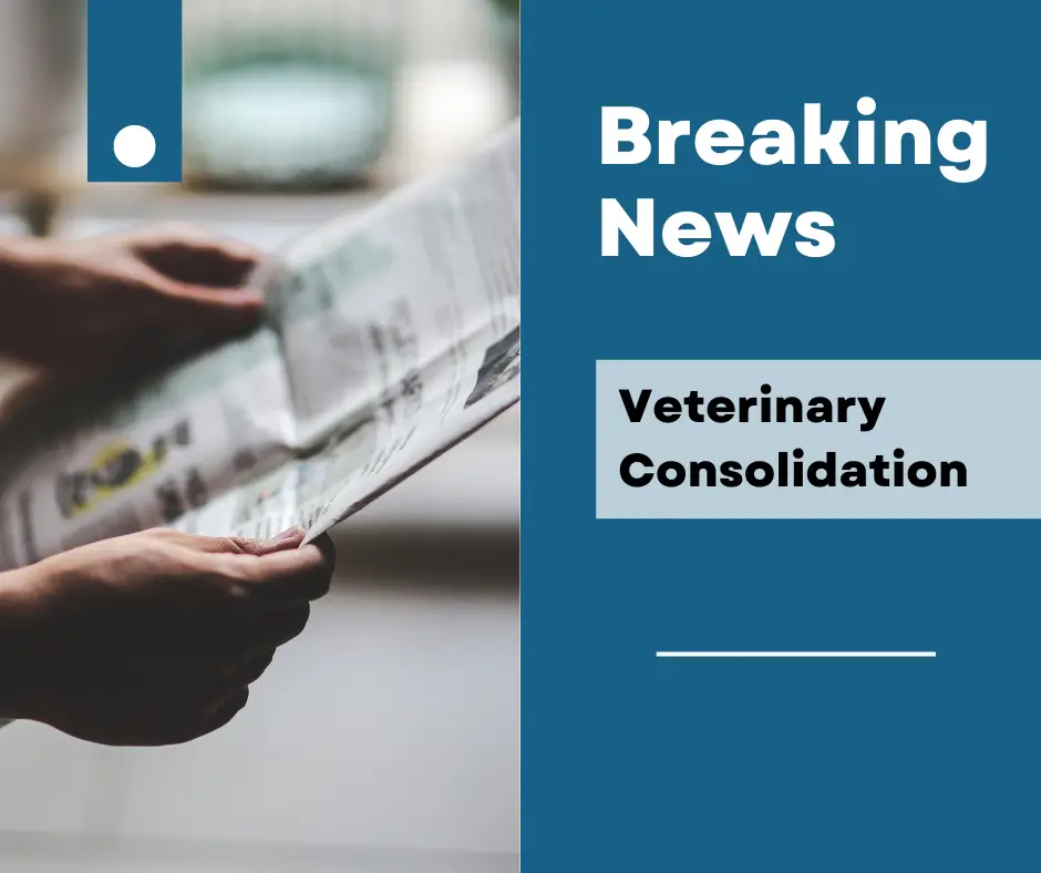 veterinary consolidation breaking news graphic -- photo of hands holding a newspaper on the left, and then text on the right 