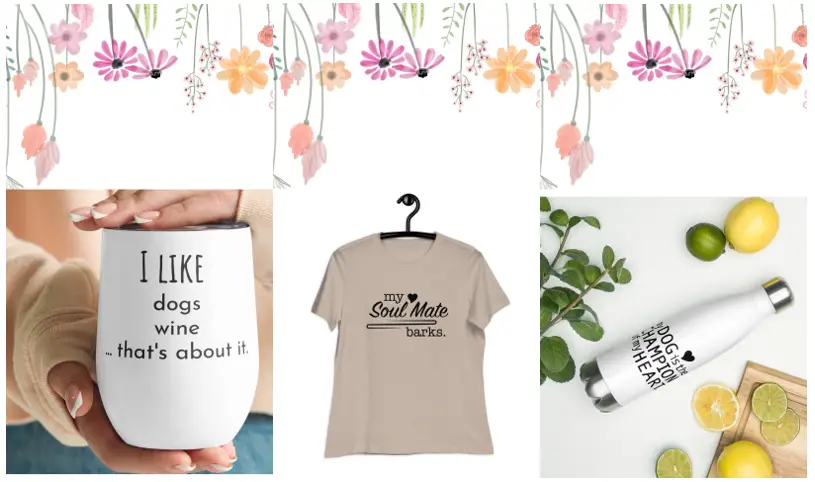champion of my heart store springtime banner image with penciled in flowers above images of a wine tumbler, a t-shirt, and a water bottle