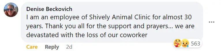fb comment from Denise Beckovich Shively Animal Hospital Shooting