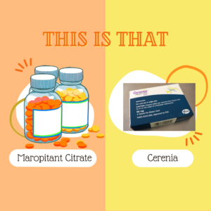 generic cerenia graphic showing this is that (generic one side), actual box of namebrand med on the other