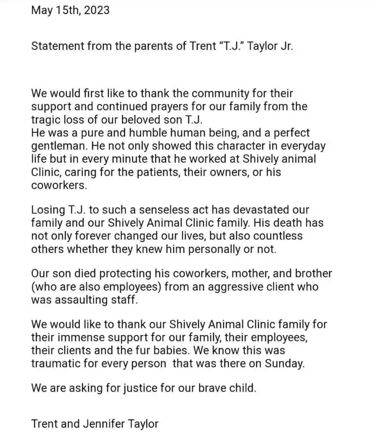 parents statement Shively Animal Hospital Shooting