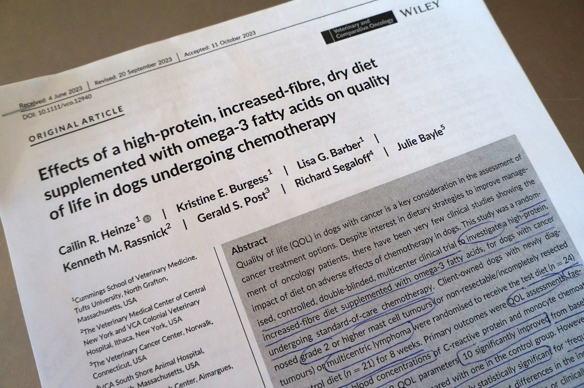 dog cancer diet photo of first page of 2023 study