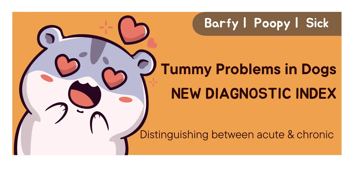 tummy problems in dogs main graphic -- barfy, poopy, sick, tummy problems in dogs new diagnostic index, differentiating between acute and chronic