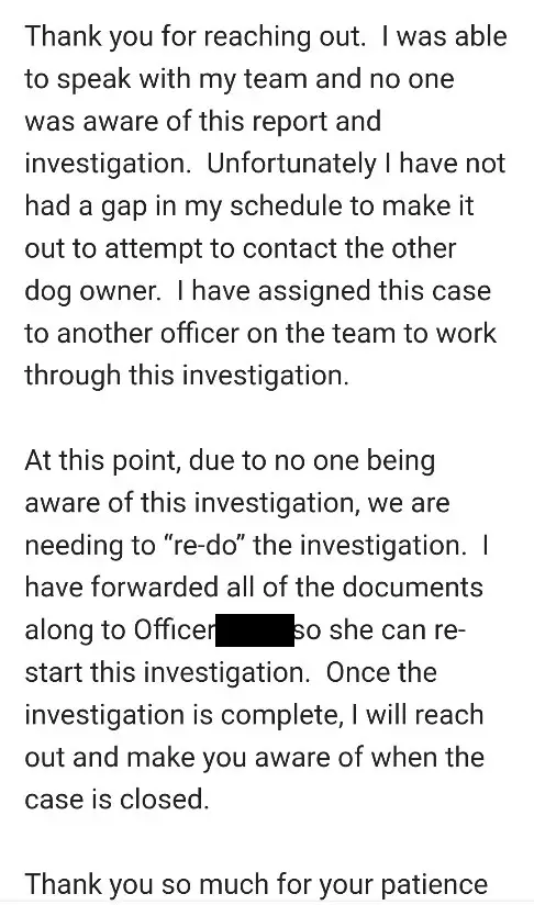 dog attack example 1 - text message from ACO acknowledging they bungled the investigation