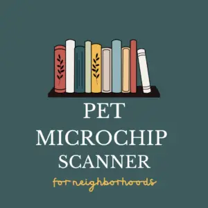 pet microchip scanner main graphic - an illustration of some books on a shelf with text below that says pet microchip scanner for neighborhoods