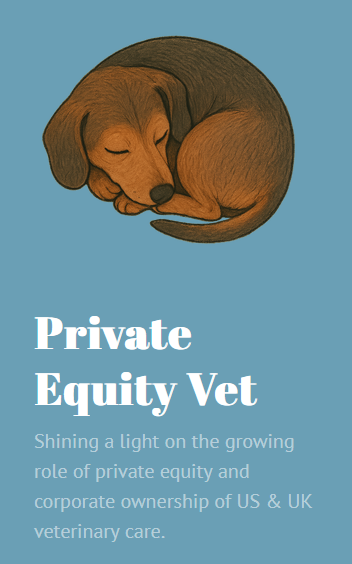 private equity veterinary hospitals graphic 2 - brown dog curled up with white text below on a blue-ish background