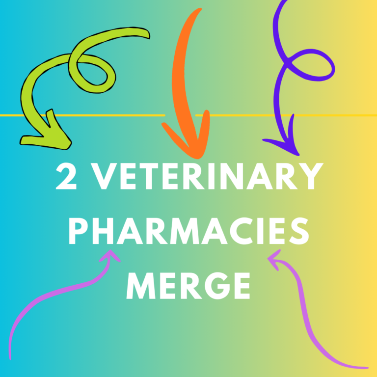 veterinary pharmacies merge main graphic with white text on green-to-yellow background with colorful arrows.